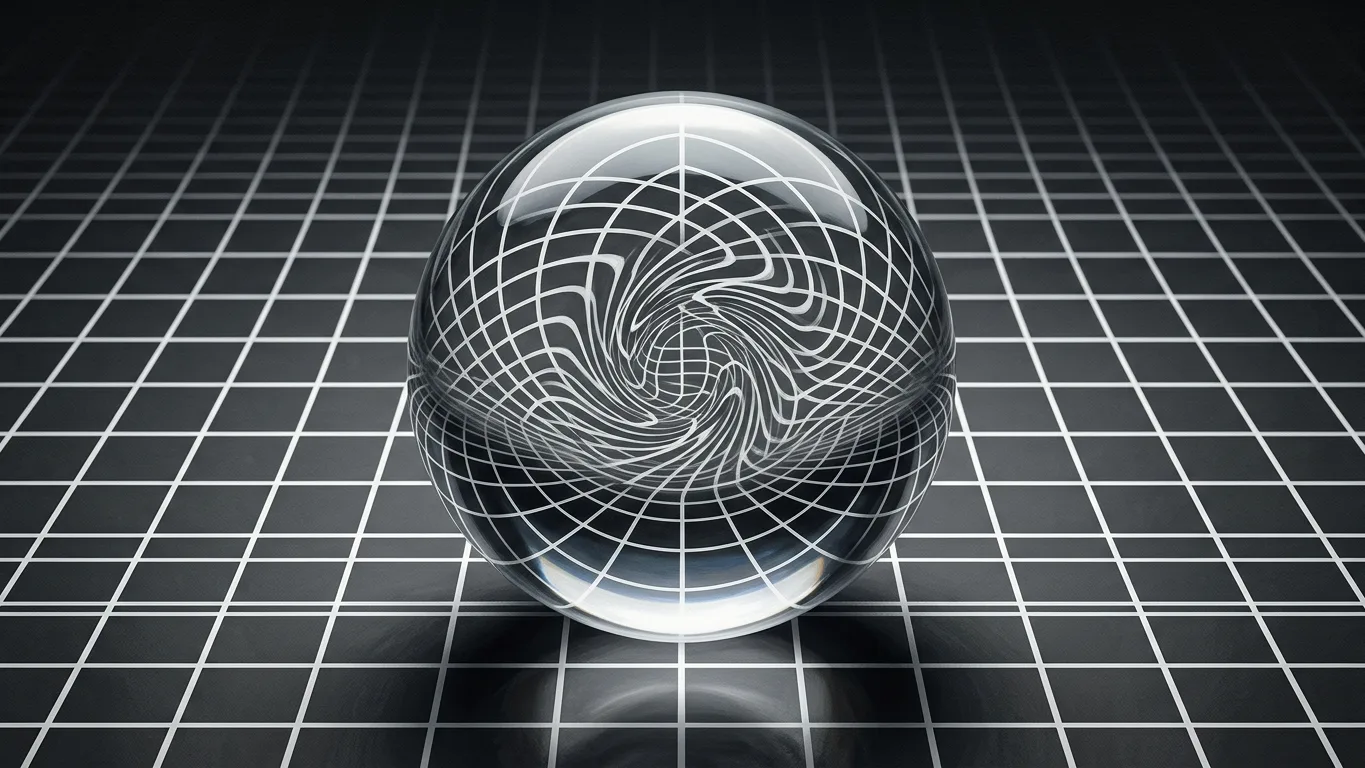 Eine Glaskugel, die das geometrische Gittermuster darunter optisch verzerrt.